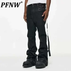 PFNW High Street Coated Brushed Micro Flare Drag Black Jeans Men's Tide Loose Micro Stretch Waxed Trousers Niche Design 28W5688