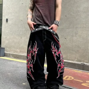 Y2K Fashion Street Jeans Harajuku Hip Hop Retro Loose Red Stripe Printing Baggy Jeans Denim Pants Men Women Gothic Wide Trousers